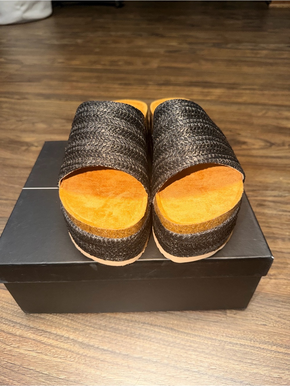 Cape Robbin Black Woven Platform Slides with Orange Insole